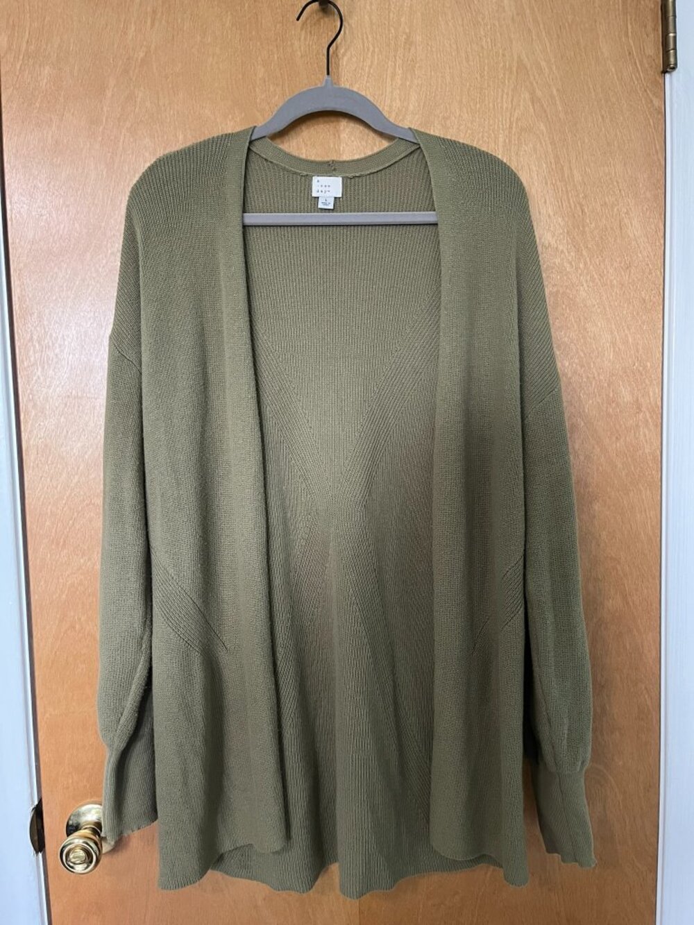 A New Day Women's Open-Front Olive-Green Cardigan with X Design on Back | Size L